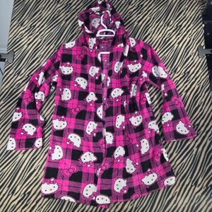 Sanrio Hello Kitty Hot Pink Black Plaid Hooded Plush Fleece Lounge Robe Y2K Aest